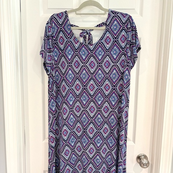 Chico's Asymmetrical Short Sleeve Stretchy Midi Dress Sz 3 Geometric Keyhole - Picture 5 of 15